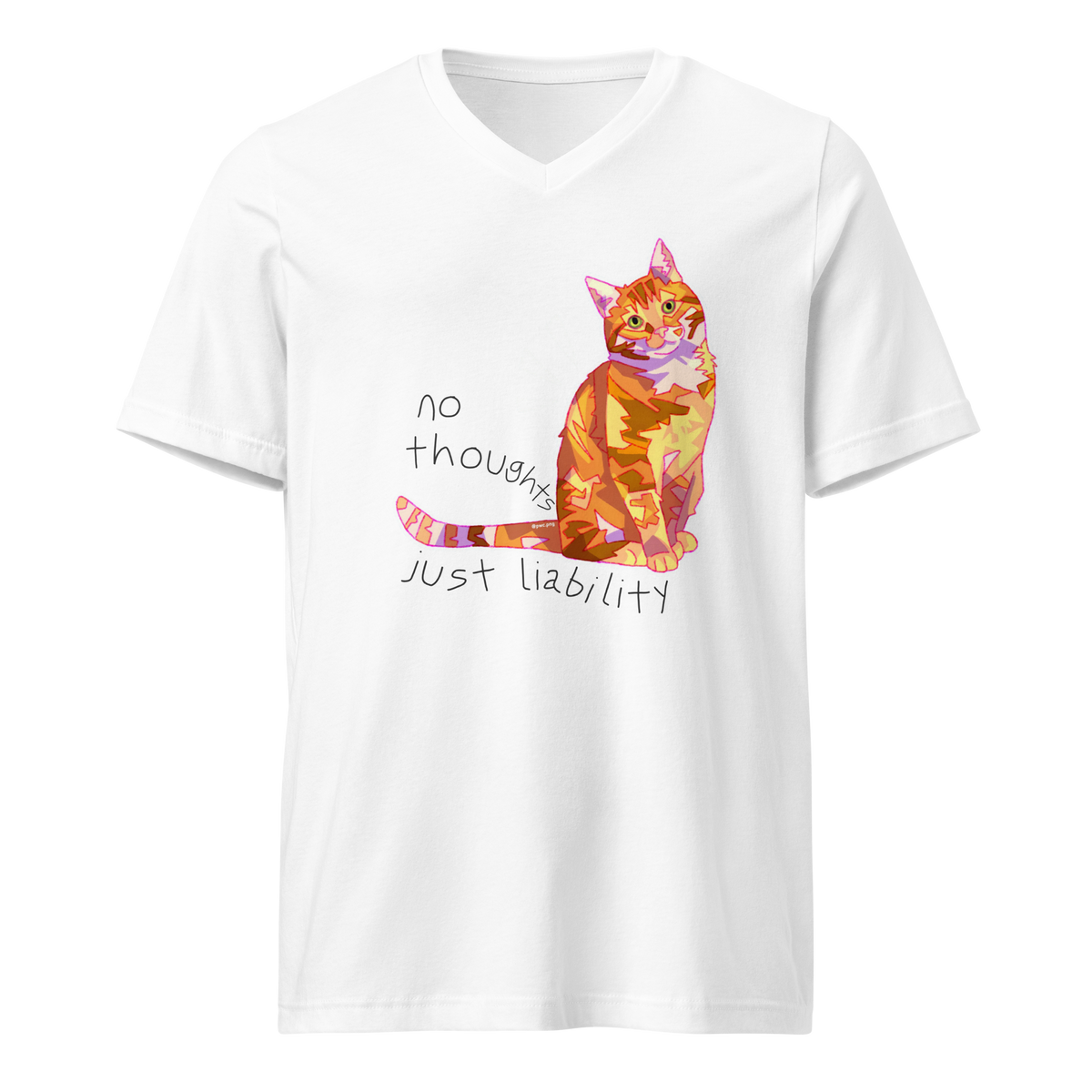 White V-neck T-shirt with a colorful orange cat and 'No Thoughts Just Liability' lettering.