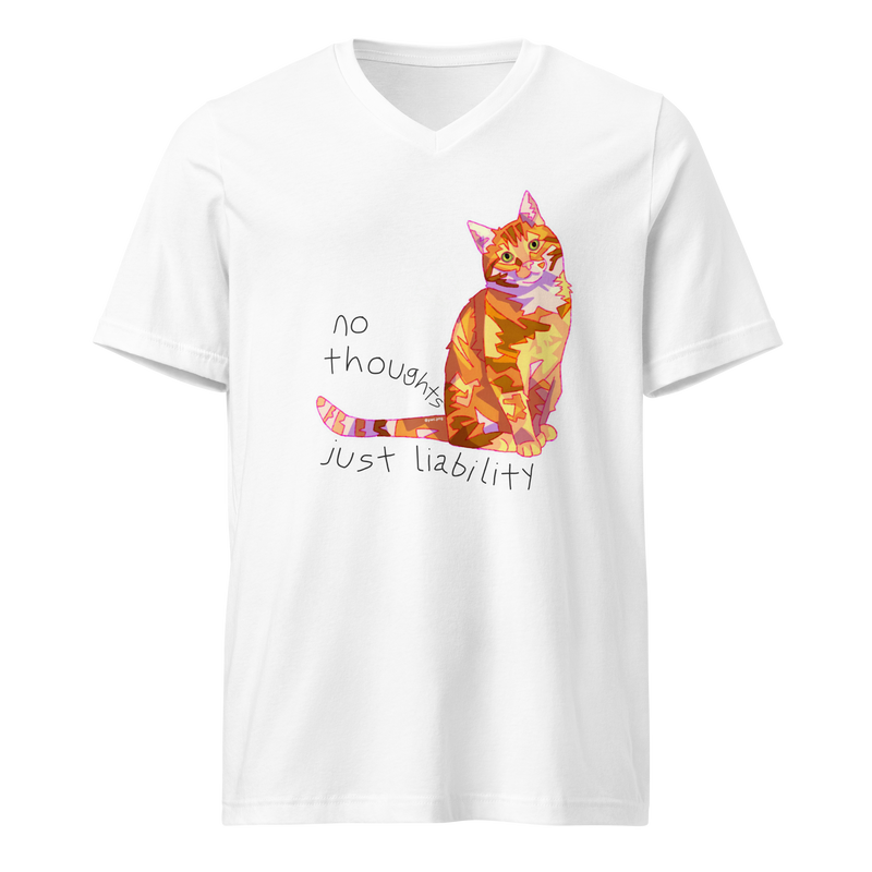 White V-neck T-shirt with a colorful orange cat and 'No Thoughts Just Liability' lettering.