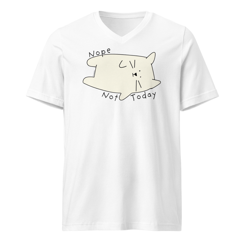 White V-neck T-shirt with a cream cartoon cat and 'Nope Not Today' lettering.