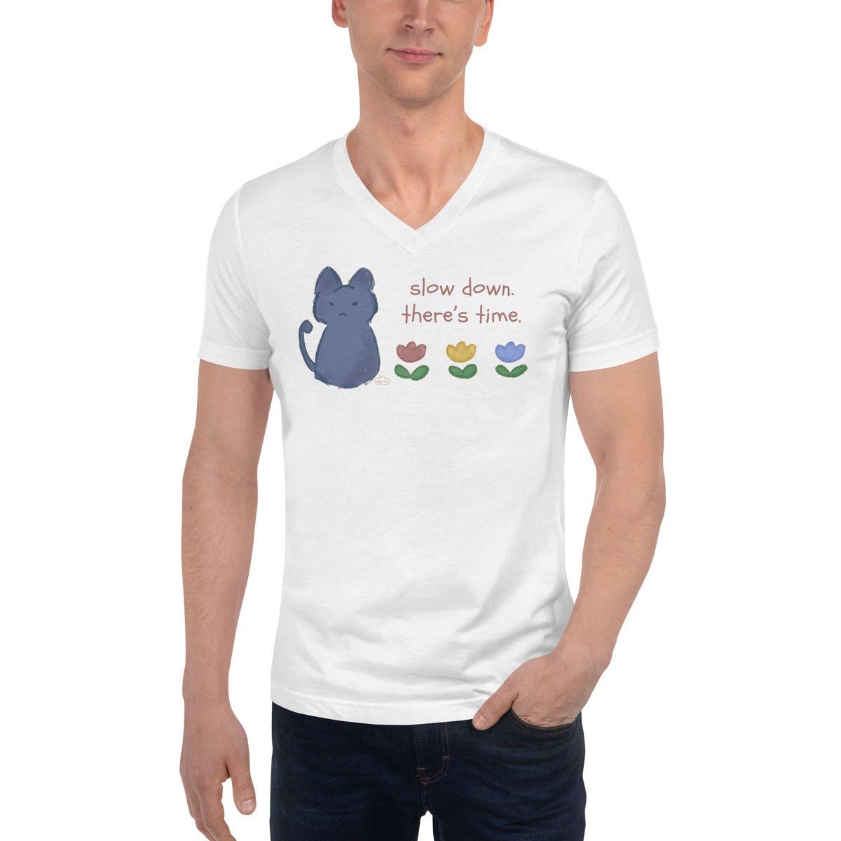 Model wearing a white V-neck T-shirt with a blue cat, three flowers, and 'Slow down, there's time' lettering.