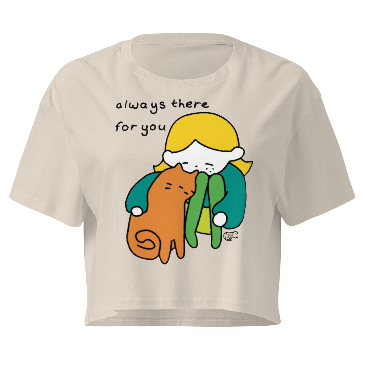 Bone cream cropped T-shirt with a person cuddling an orange cat and 'Always there for you' lettering.