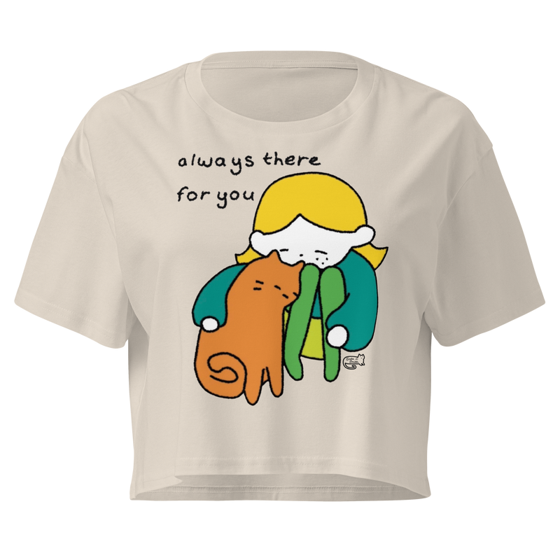 Bone cream cropped T-shirt with a person cuddling an orange cat and 'Always there for you' lettering.