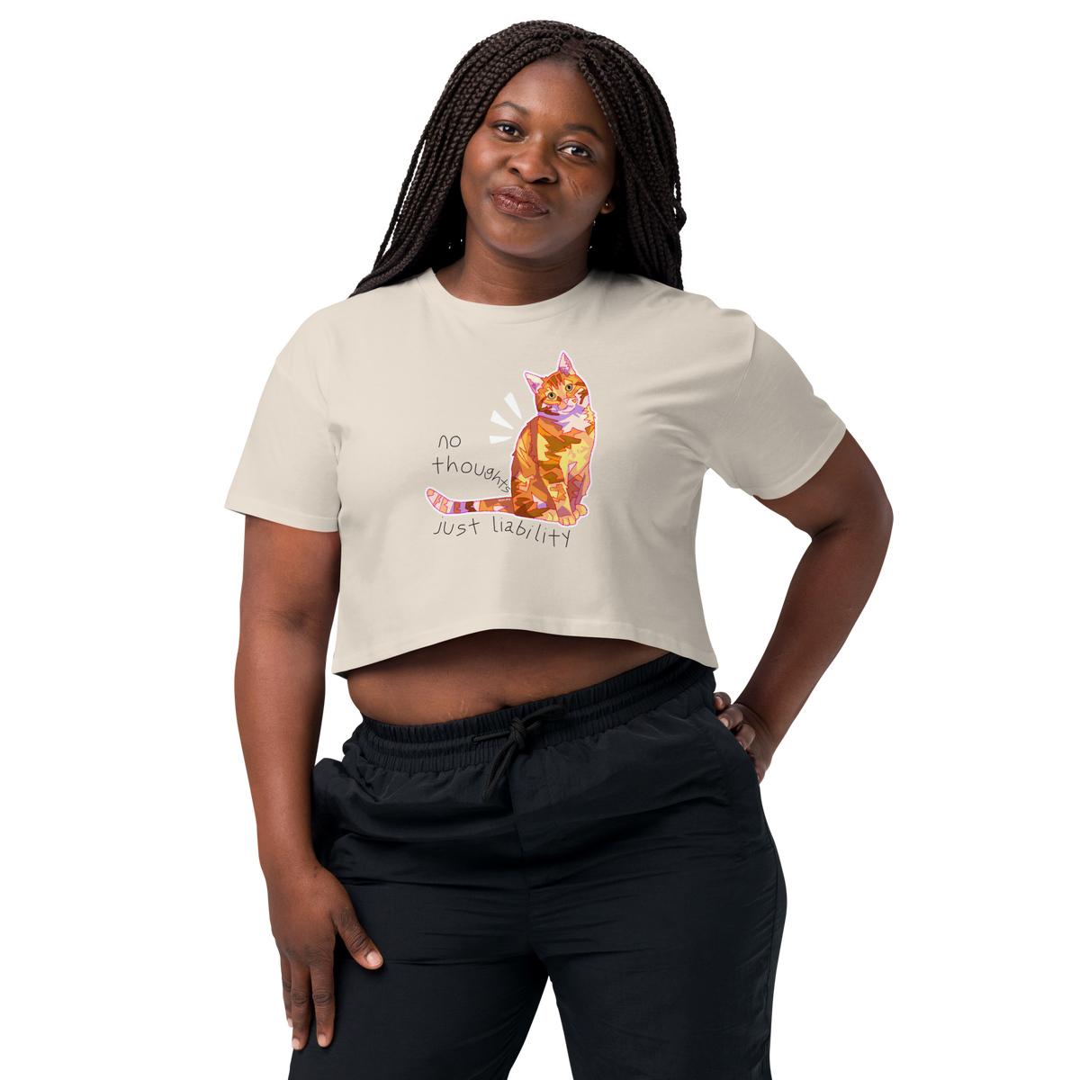 Bone cream cropped T-shirt with a colorful orange cat and 'No Thoughts Just Liability' lettering.