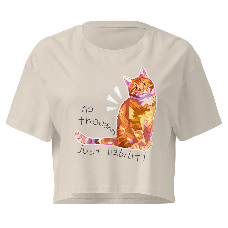 Bone cream cropped T-shirt with a colorful orange cat and 'No Thoughts Just Liability' lettering.