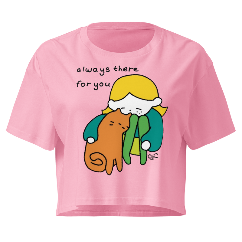 Bubblegum cropped T-shirt with a person cuddling an orange cat and 'Always there for you' lettering.
