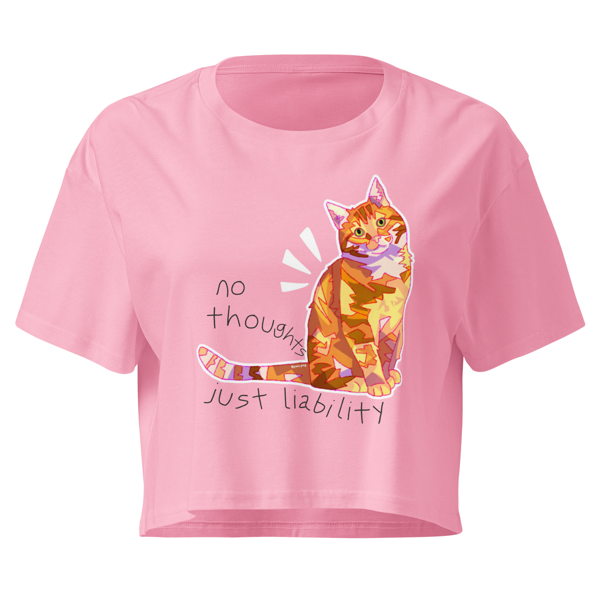 Bubblegum cropped T-shirt with a colorful orange cat and 'No Thoughts Just Liability' lettering.