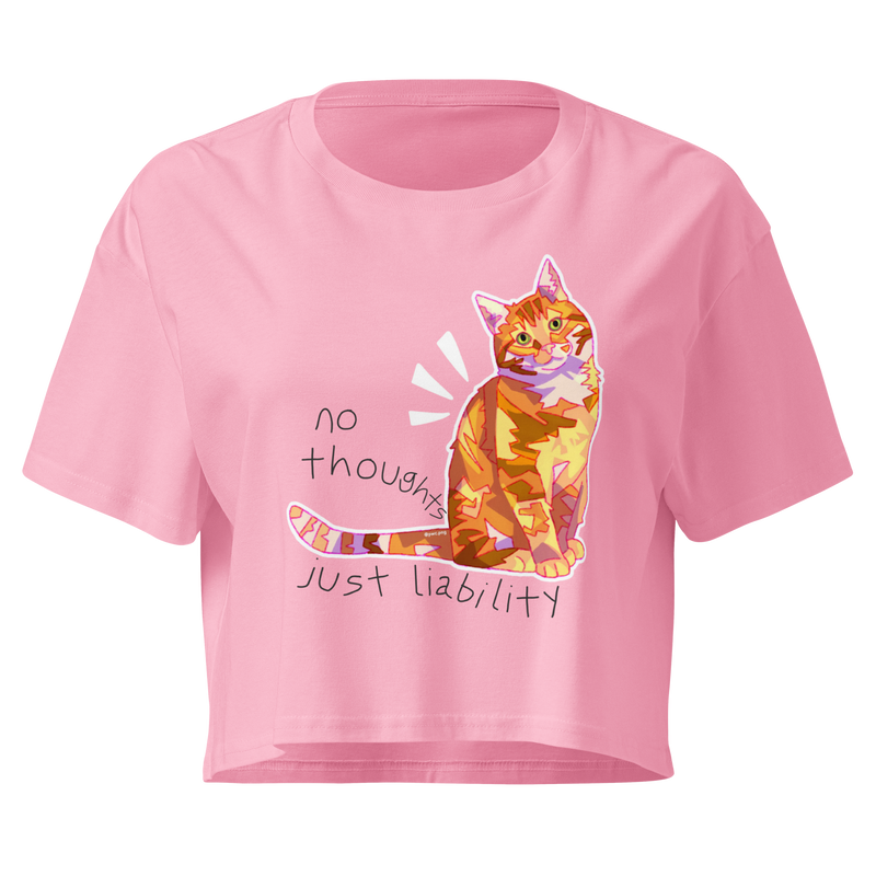 Bubblegum cropped T-shirt with a colorful orange cat and 'No Thoughts Just Liability' lettering.