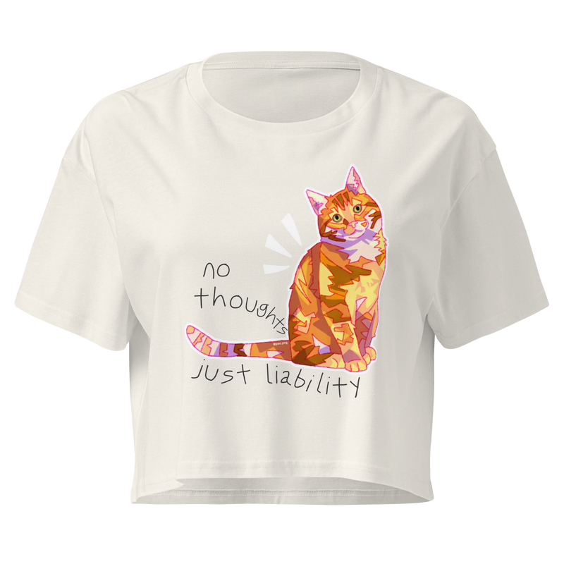 Ecru cropped T-shirt with a colorful orange cat and 'No Thoughts Just Liability' lettering.
