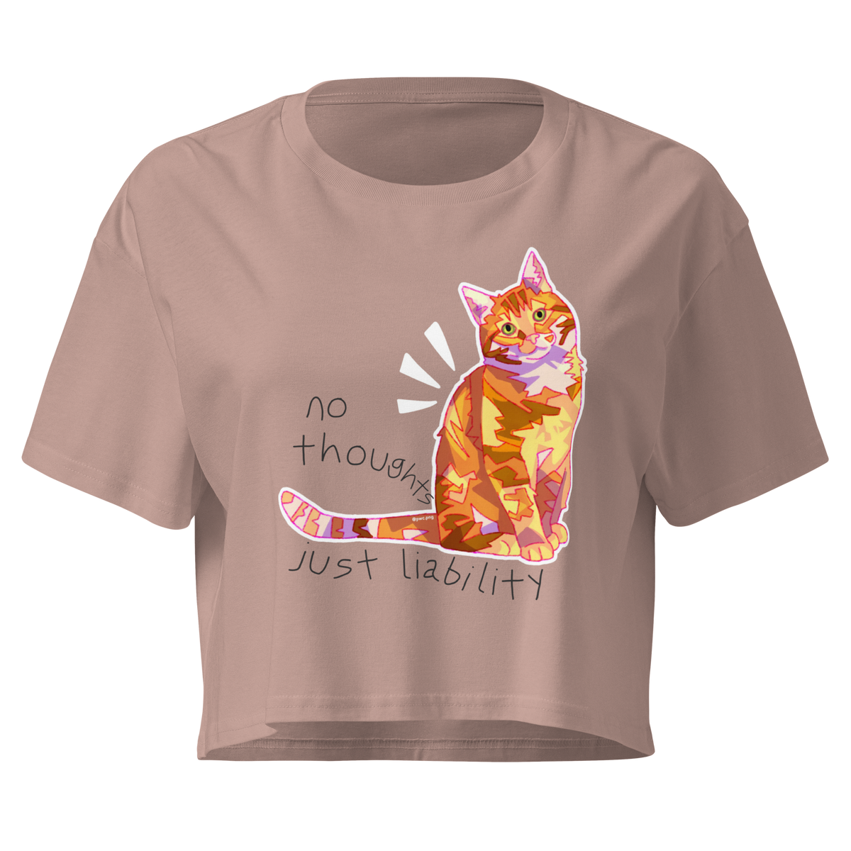 Hazy pink cropped T-shirt with a colorful orange cat and 'No Thoughts Just Liability' lettering.