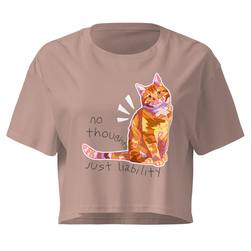 Hazy pink cropped T-shirt with a colorful orange cat and 'No Thoughts Just Liability' lettering.