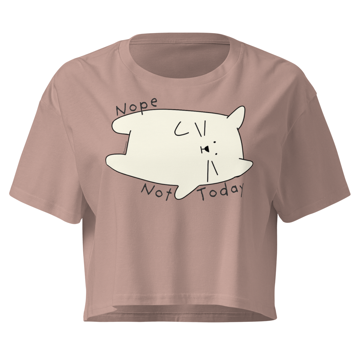 Hazy pink cropped T-shirt with a cream cartoon cat and 'Nope Not Today' lettering.