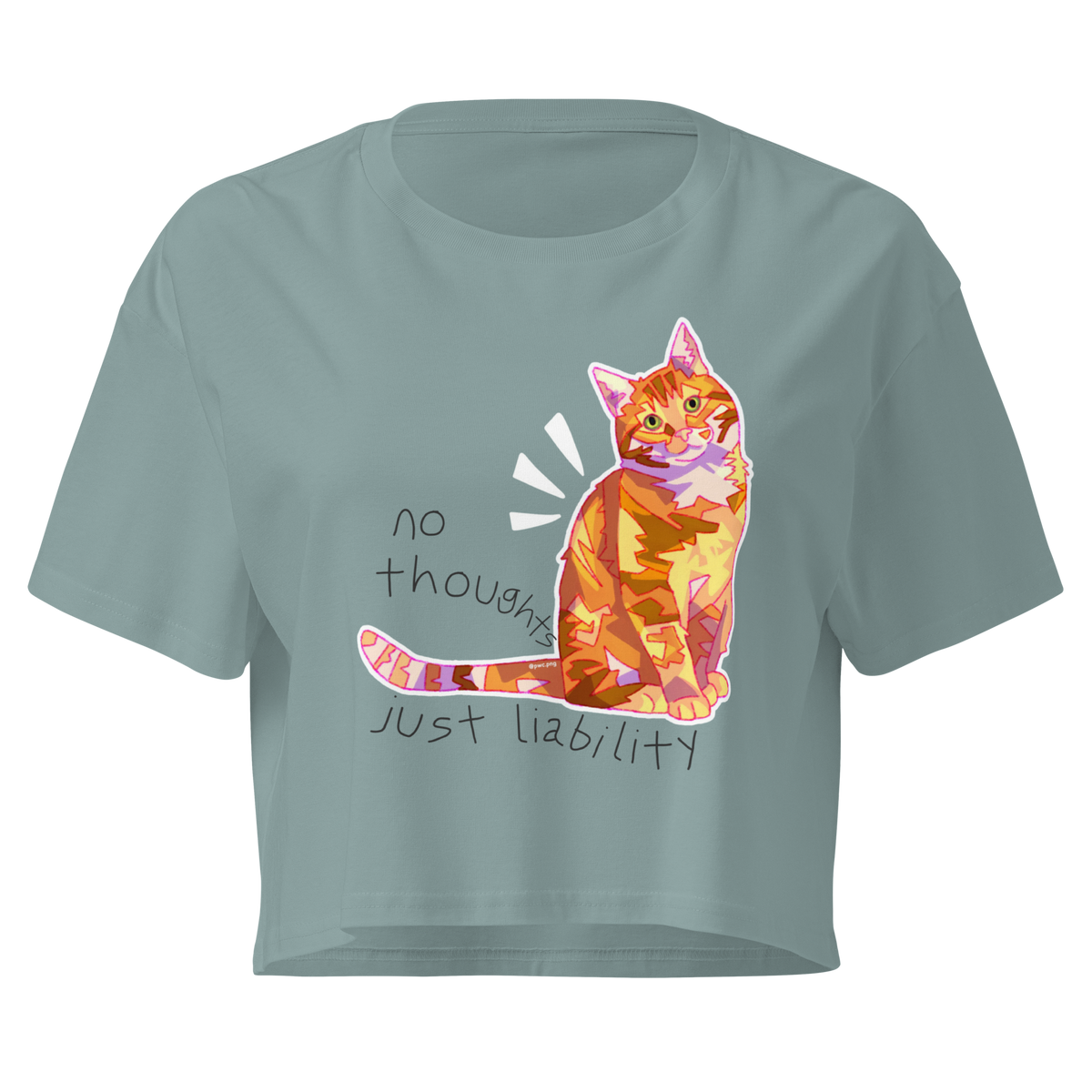 Mineral green cropped T-shirt with a colorful orange cat and 'No Thoughts Just Liability' lettering.