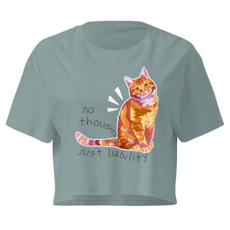 Mineral green cropped T-shirt with a colorful orange cat and 'No Thoughts Just Liability' lettering.