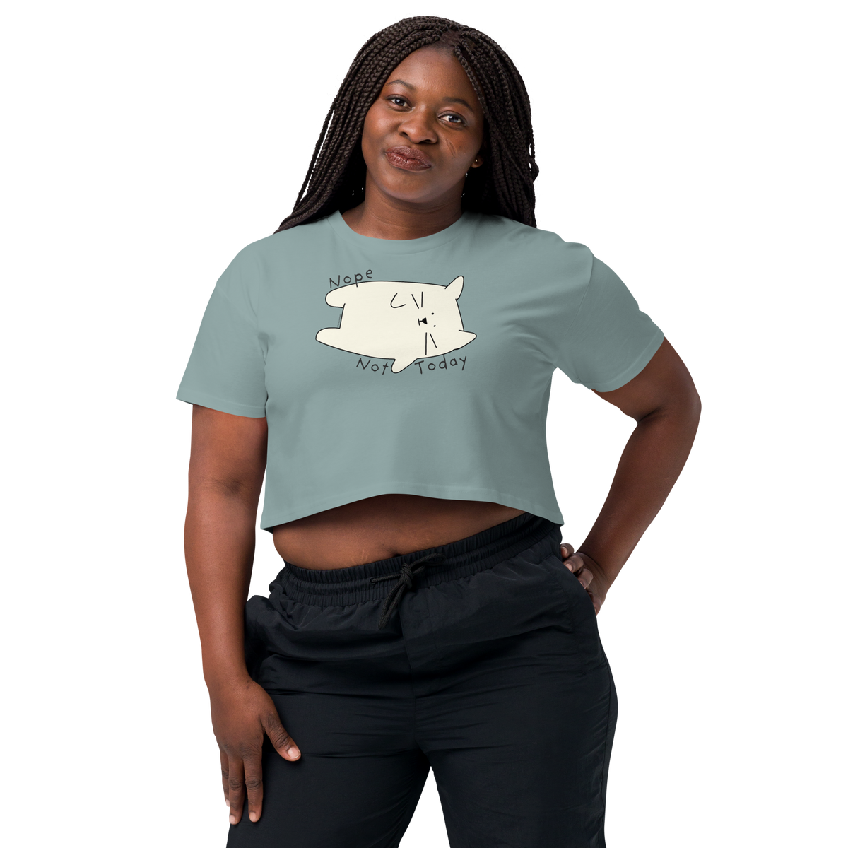 Mineral green cropped T-shirt with a cream cartoon cat and 'Nope Not Today' lettering.