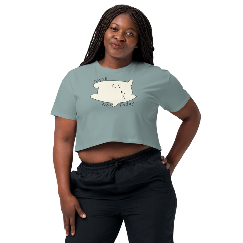 Mineral green cropped T-shirt with a cream cartoon cat and 'Nope Not Today' lettering.