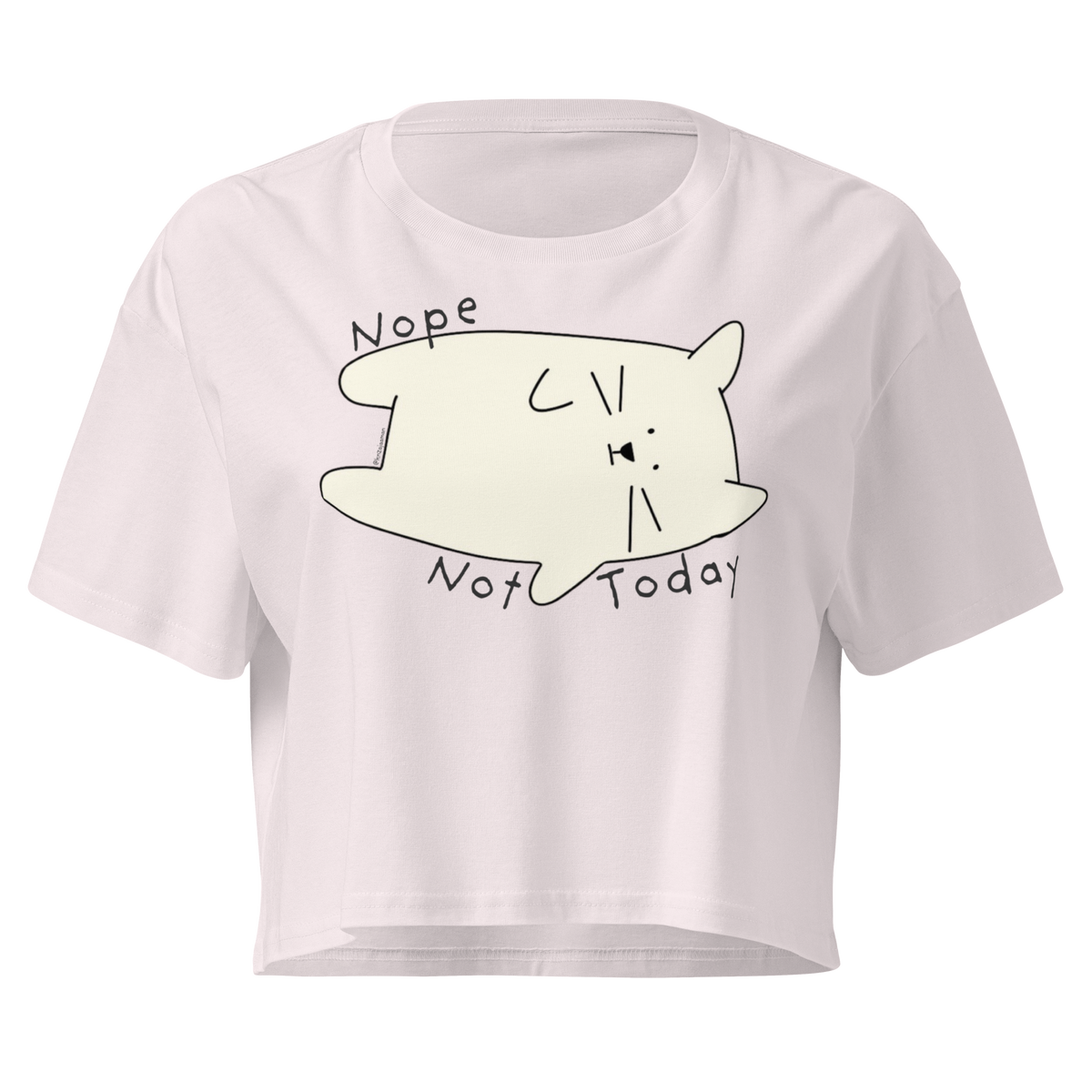 Orchid lavender cropped T-shirt with a cream cartoon cat and 'Nope Not Today' lettering.