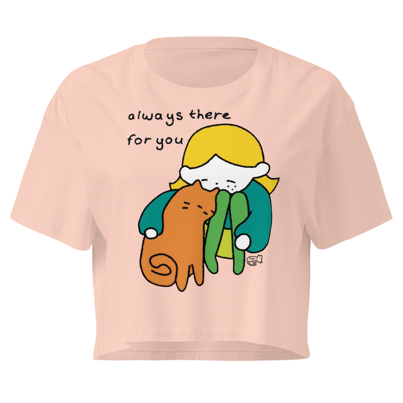 Pale pink cropped T-shirt with a person cuddling an orange cat and 'Always there for you' lettering.
