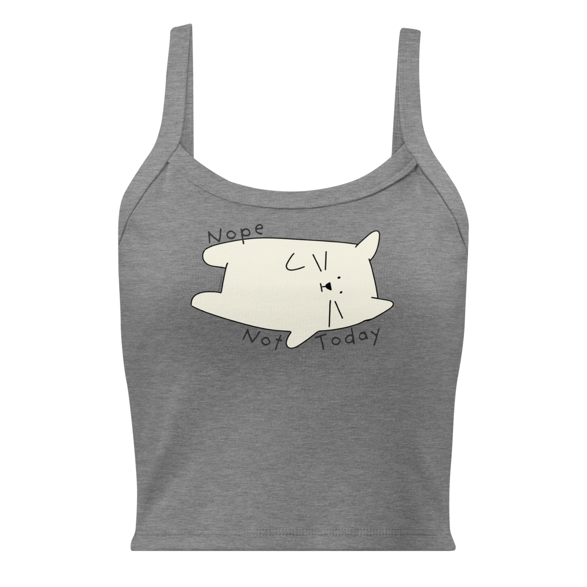 Athletic heather grey ribbed tank top with a cream cartoon cat and 'Nope Not Today' lettering.