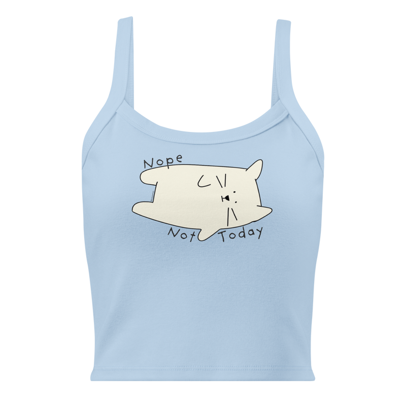Baby blue ribbed tank top with a cream cartoon cat and 'Nope Not Today' lettering.
