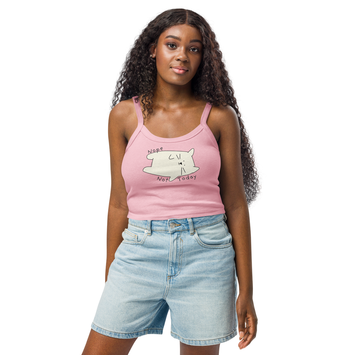 Pink ribbed tank top with a cream cartoon cat and 'Nope Not Today' lettering.