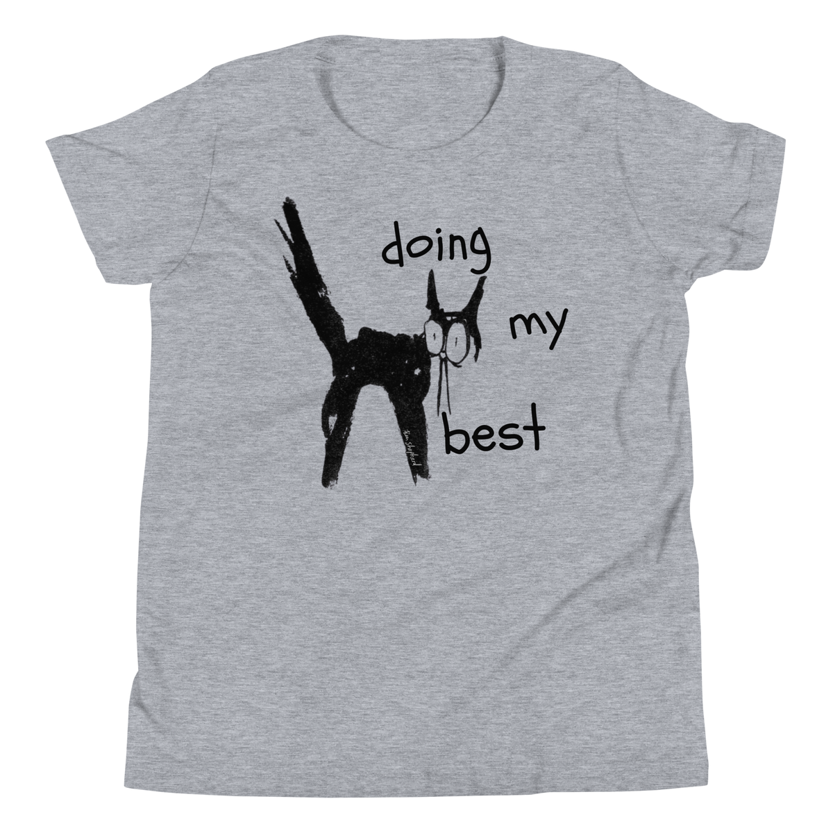 Athletic heather grey youth T-shirt with a scruffy black cat with its tail raised and 'Doing my best' lettering.