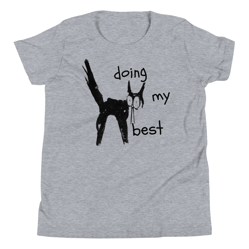Athletic heather grey youth T-shirt with a scruffy black cat with its tail raised and 'Doing my best' lettering.