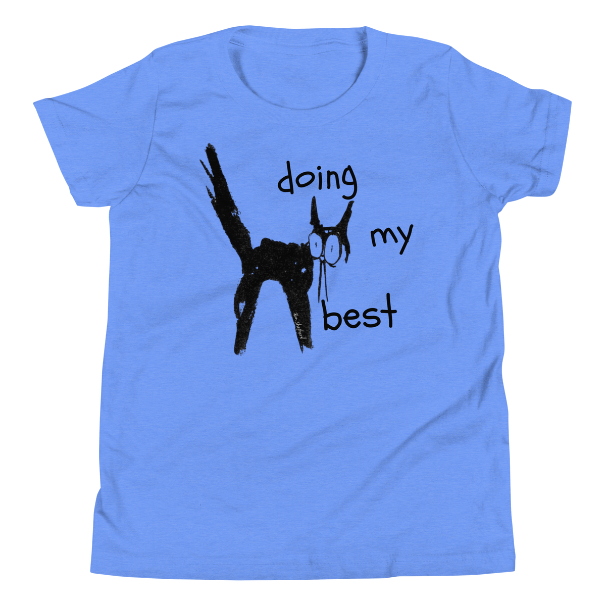 Heather Columbia blue youth T-shirt with a scruffy black cat with its tail raised and 'Doing my best' lettering.