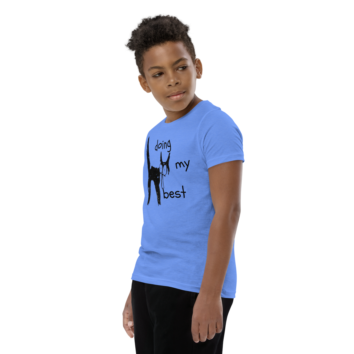 Model wearing a heather Columbia blue youth T-shirt with a scruffy black cat with its tail raised and 'Doing my best' lettering.
