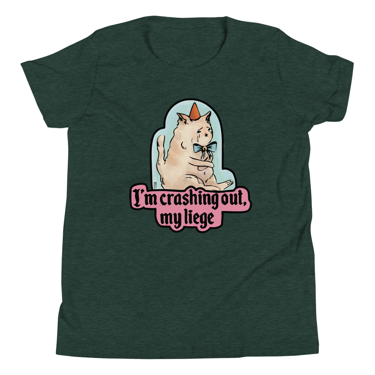 Heather forest youth T-shirt with a tearful cat in a party hat and 'I'm crashing out, my liege' lettering.