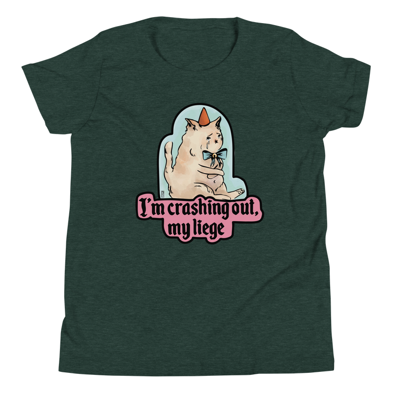 Heather forest youth T-shirt with a tearful cat in a party hat and 'I'm crashing out, my liege' lettering.