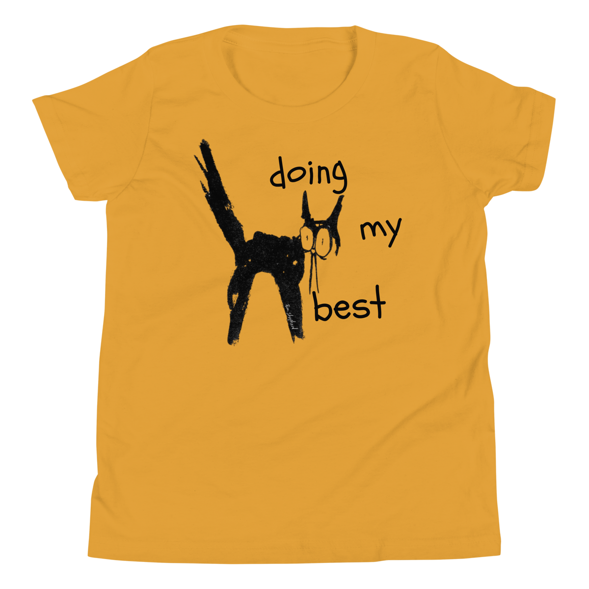 Mustard youth T-shirt with a scruffy black cat with its tail raised and 'Doing my best' lettering.