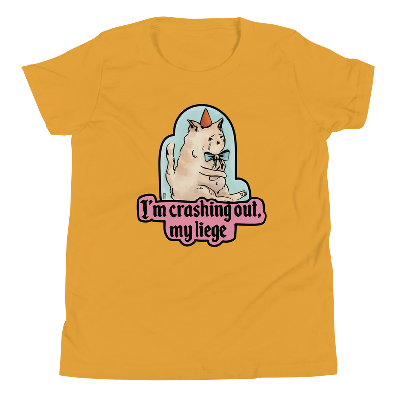 Mustard youth T-shirt with a tearful cat in a party hat and 'I'm crashing out, my liege' lettering.