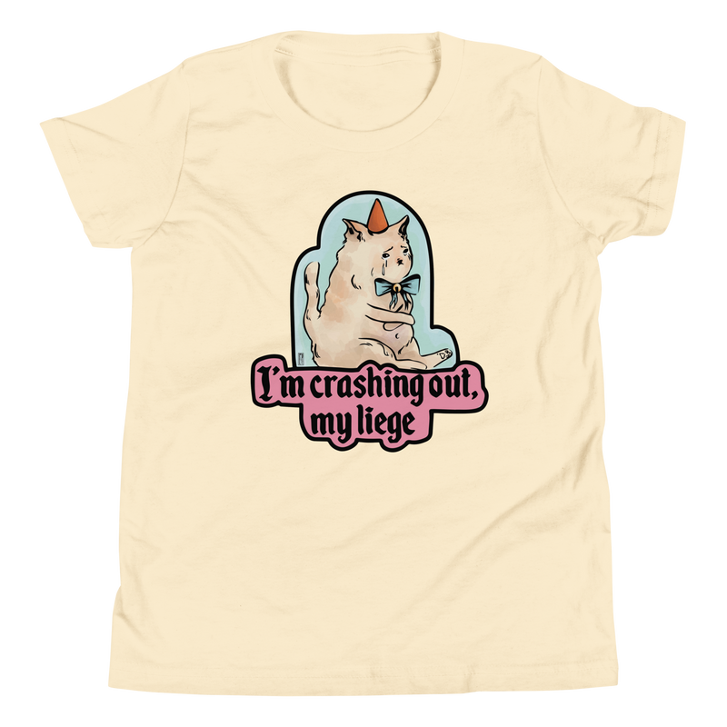 Natural cream youth T-shirt with a tearful cat in a party hat and 'I'm crashing out, my liege' lettering.