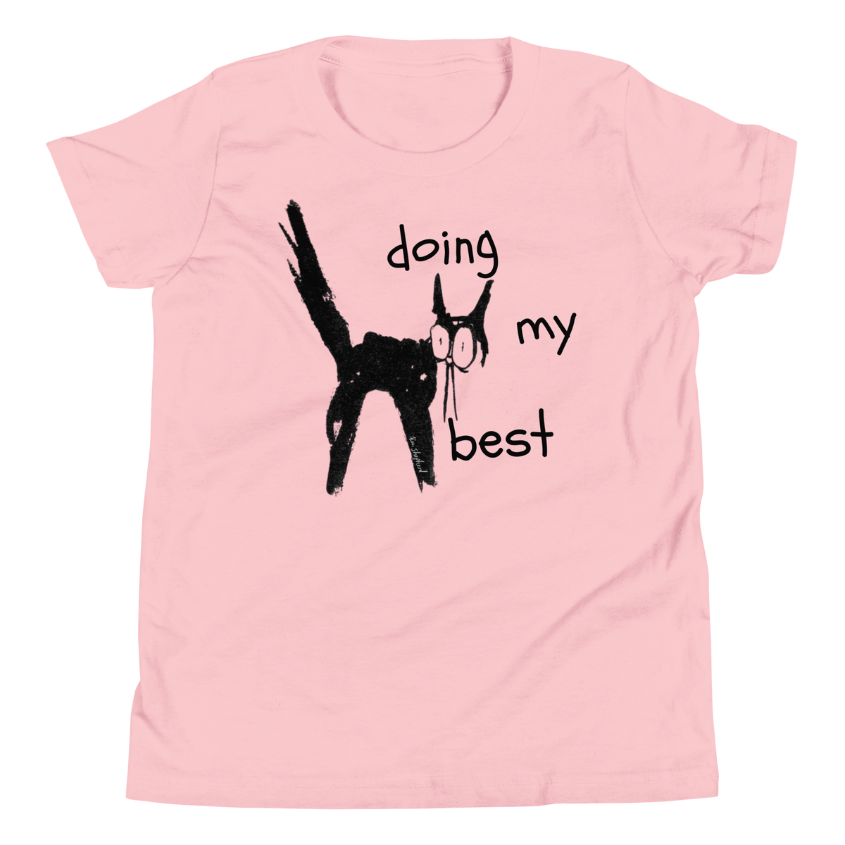 Pink youth T-shirt with a scruffy black cat with its tail raised and 'Doing my best' lettering.
