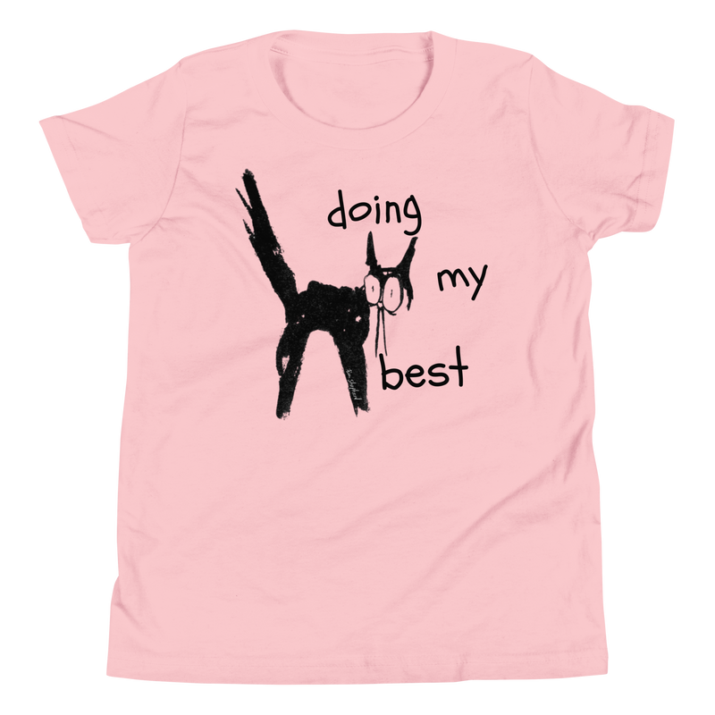 Pink youth T-shirt with a scruffy black cat with its tail raised and 'Doing my best' lettering.
