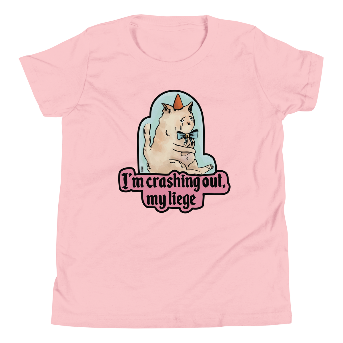 Pink youth T-shirt with a tearful cat in a party hat and 'I'm crashing out, my liege' lettering.